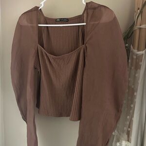 Zara Blush Taupe Mesh Sheer Long Sleeve Blouse Ribbed Top